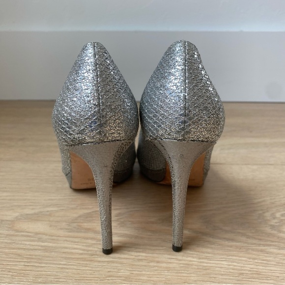 Jimmy Choo Luna 100 Champagne Glitter Fabric Peep Toe Platform Pumps - Picture 6 of 9